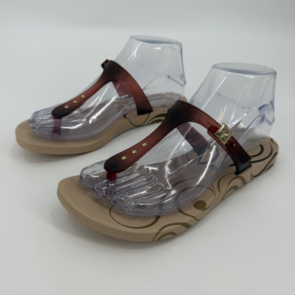 Ipanema Gisele Bundchen Brown Tan Jelly T-Strap Thong Sandals Rhinestone Size 7
